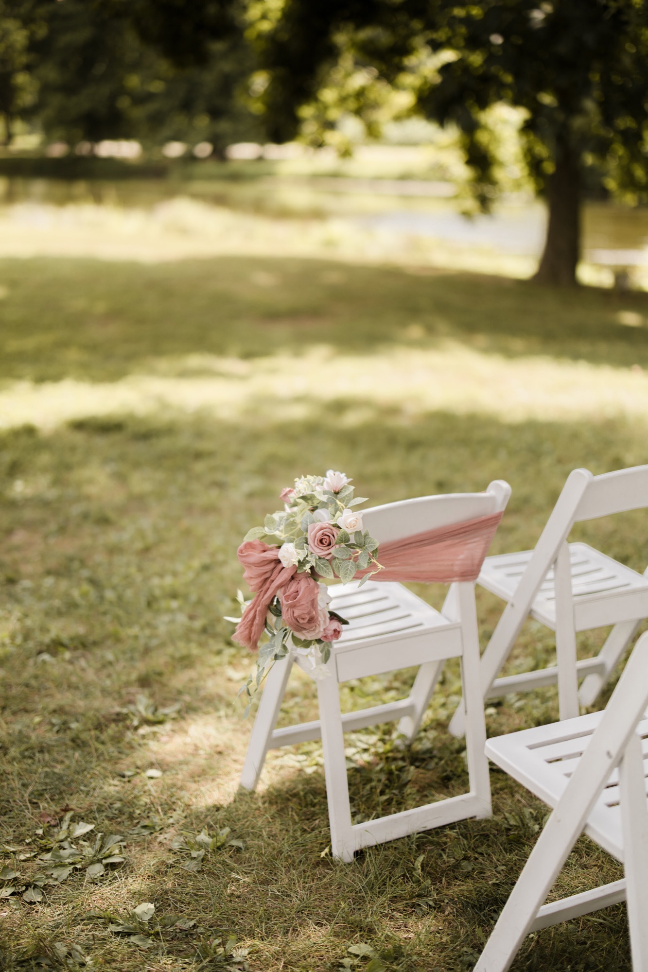 Jarrett and Naomi's wedding, pond ceremony site at Abram Farms