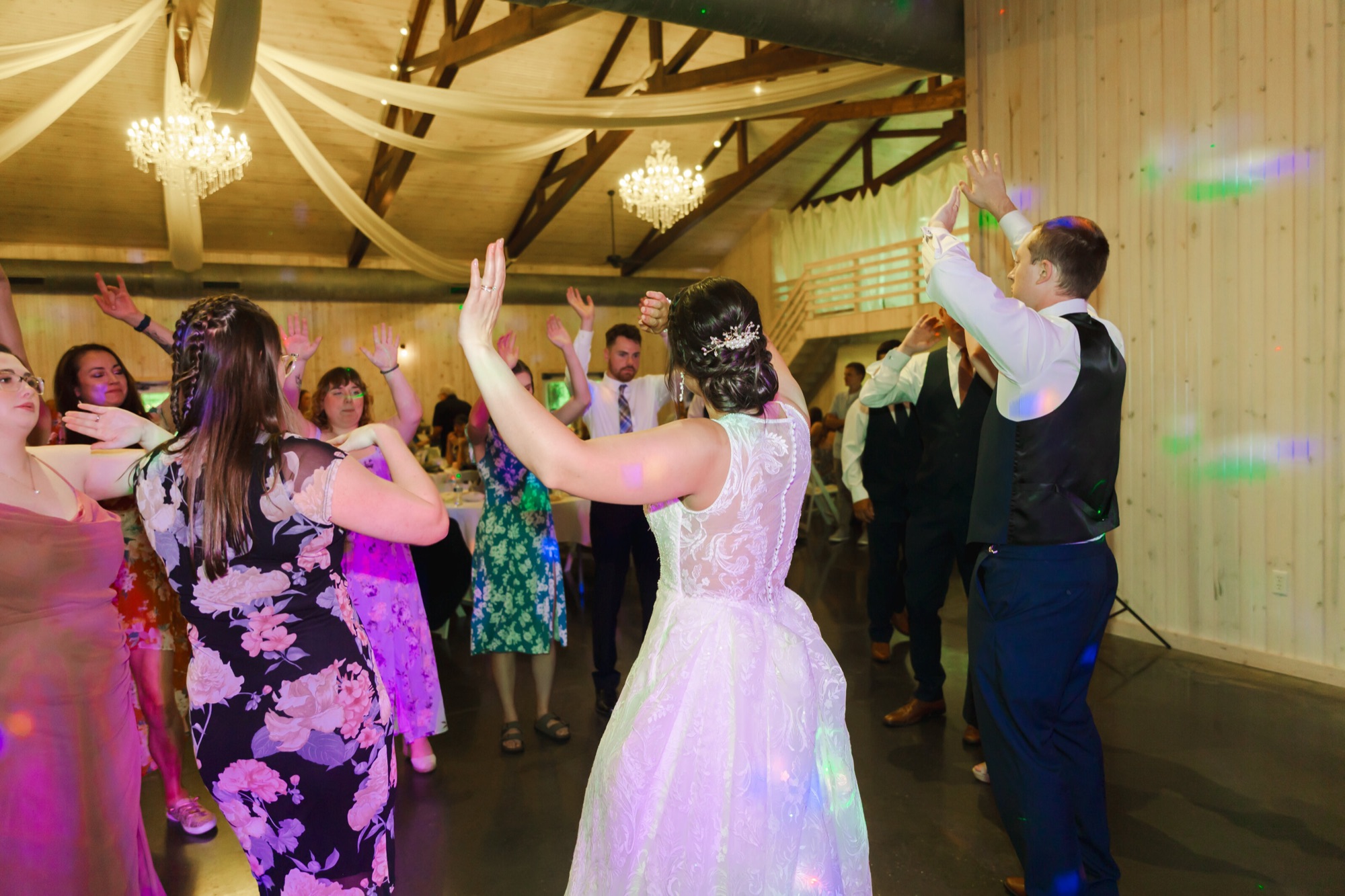 Jarrett and Naomi's wedding, barn lighting at Abram Farms