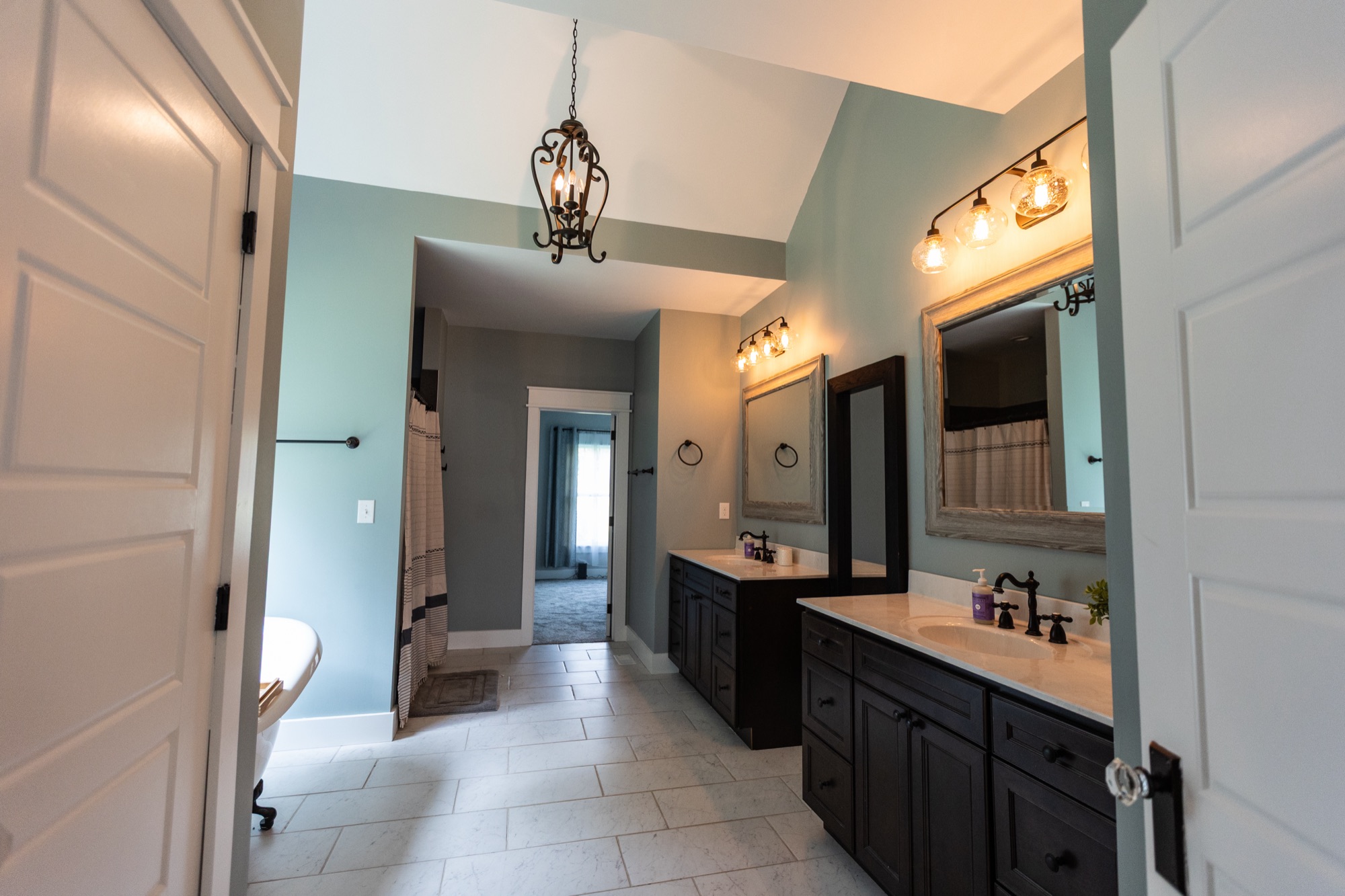 Double-vanity bathroom at Lakeside Manor