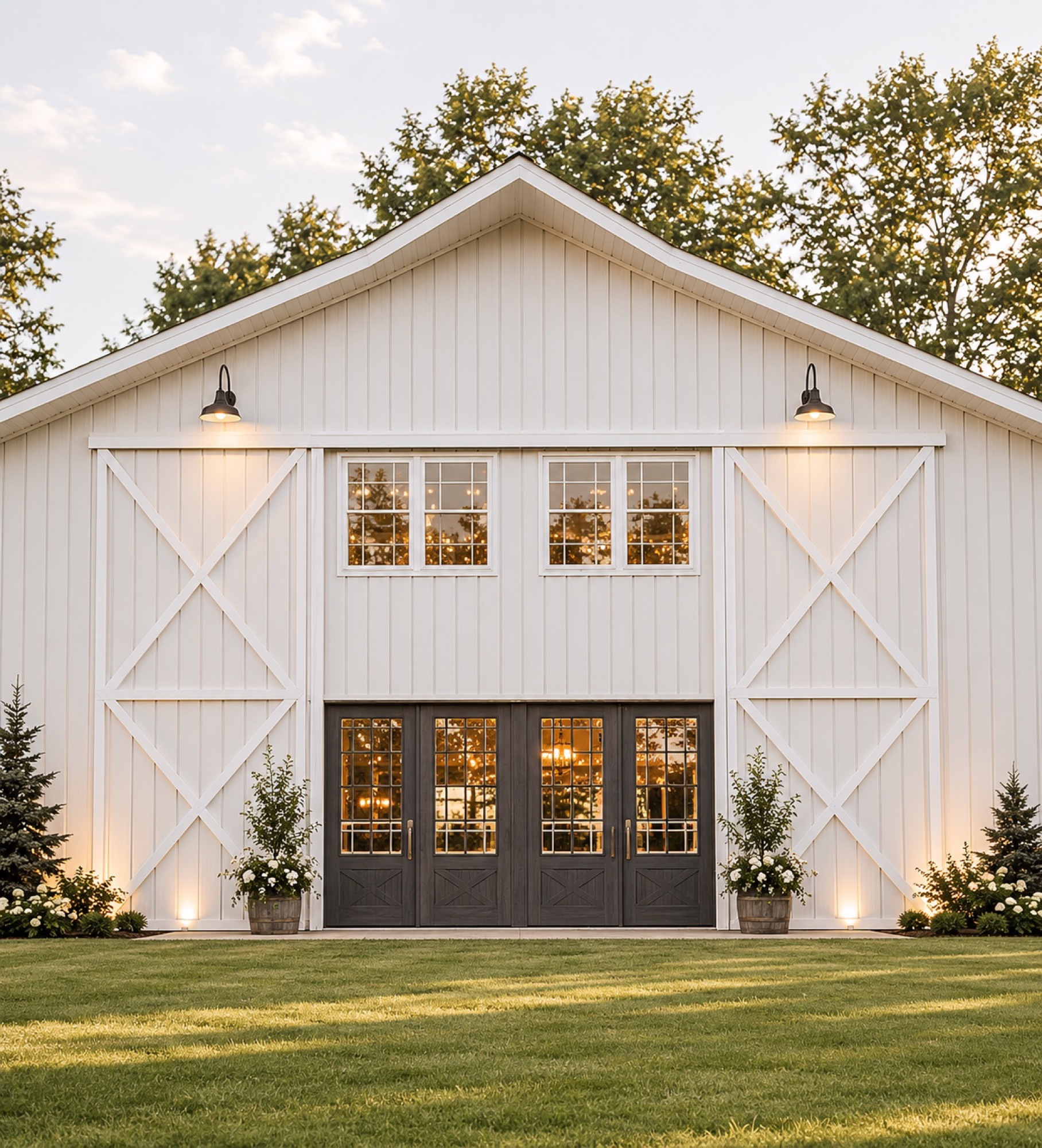 Rendering of the 2027 white barn front entrance at Abram Farms, lit in the evening