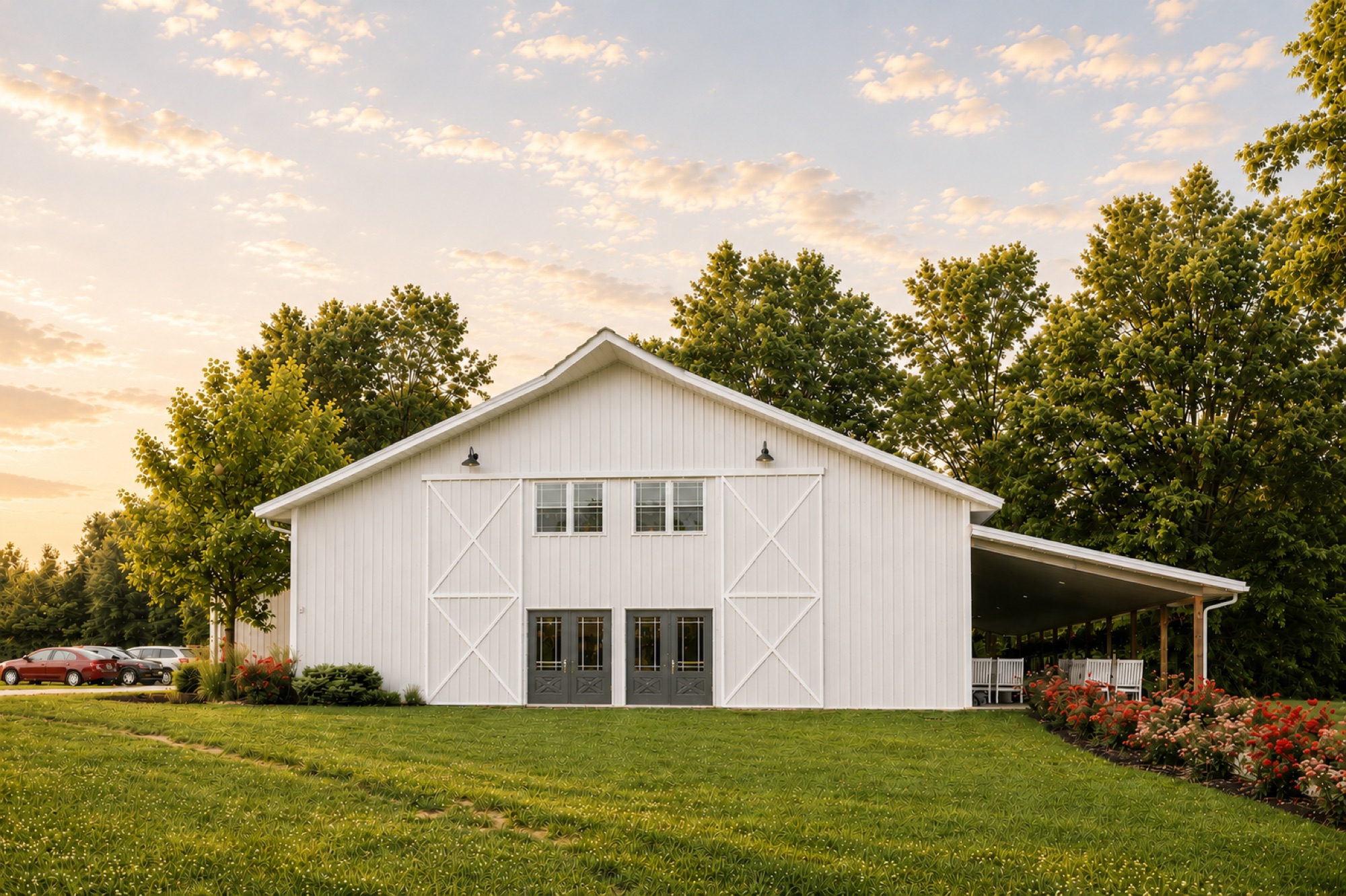 Rendering of the 2027 white barn exterior at Abram Farms, front daytime view