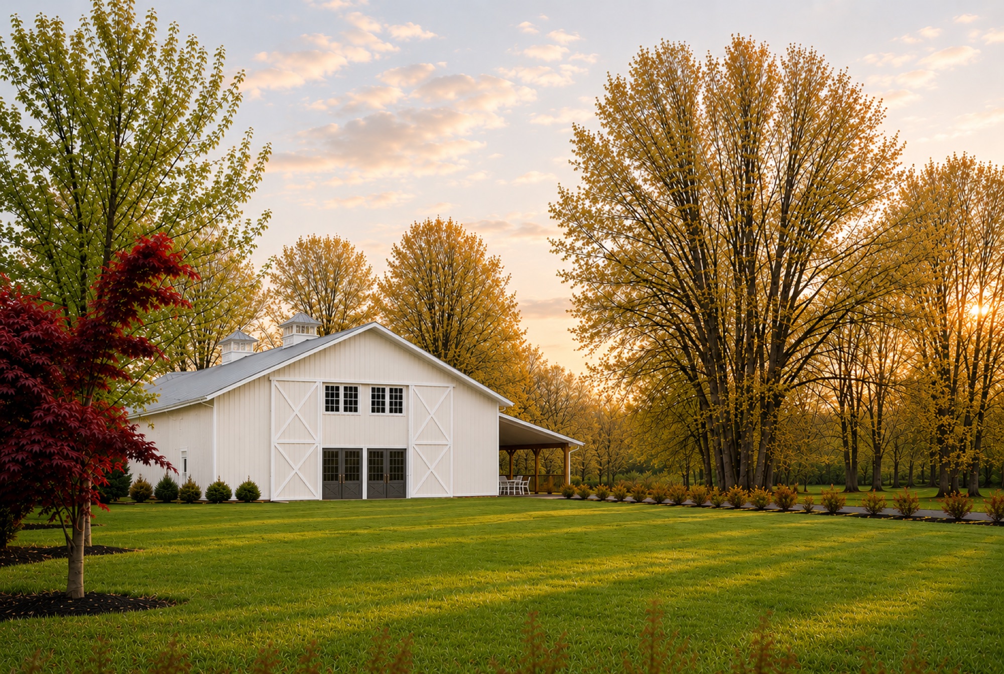 Rendering of the 2027 white barn exterior at Abram Farms, side view with covered porch