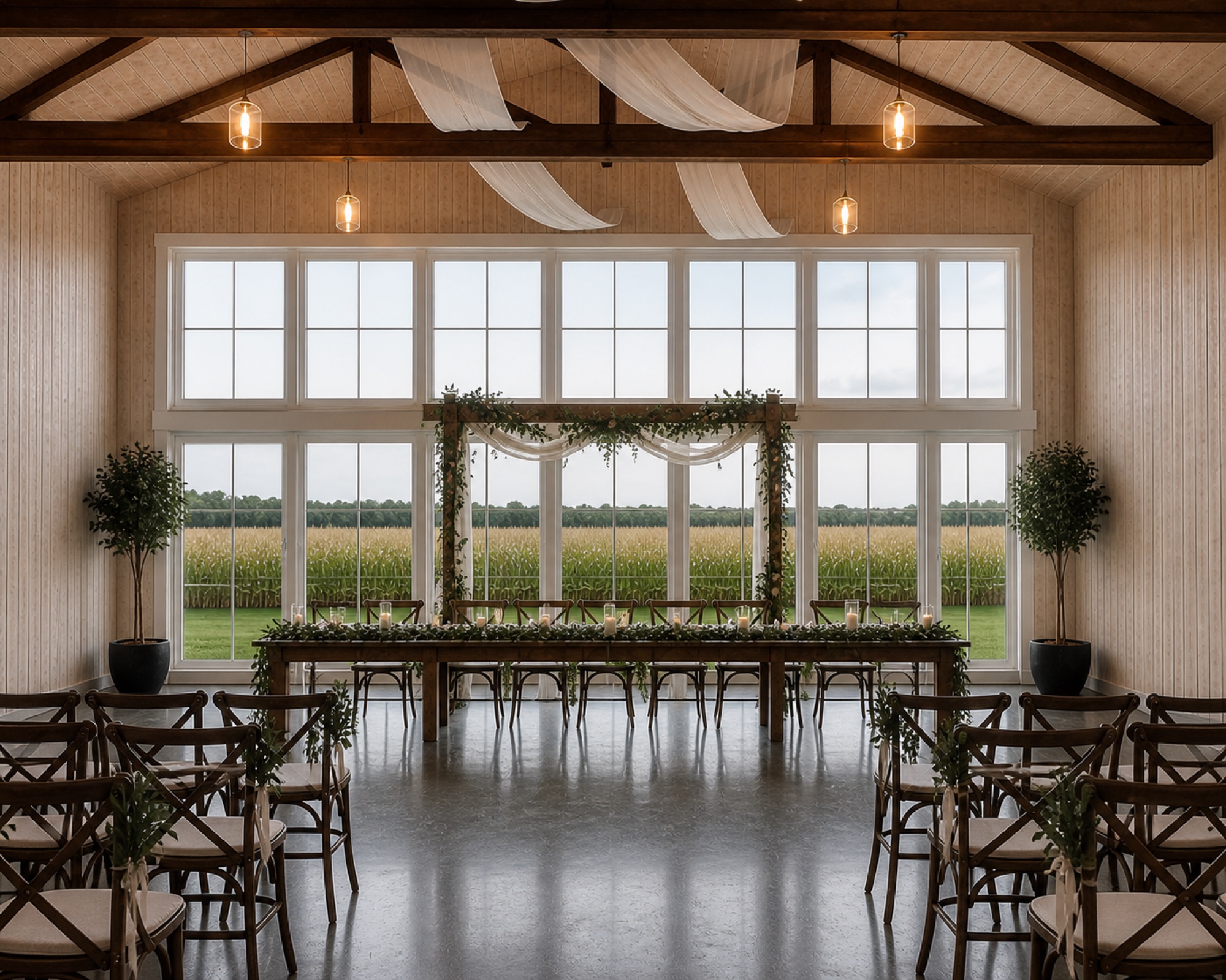 Rendering of the panoramic windows inside the 2027 white barn at Abram Farms, set for a ceremony