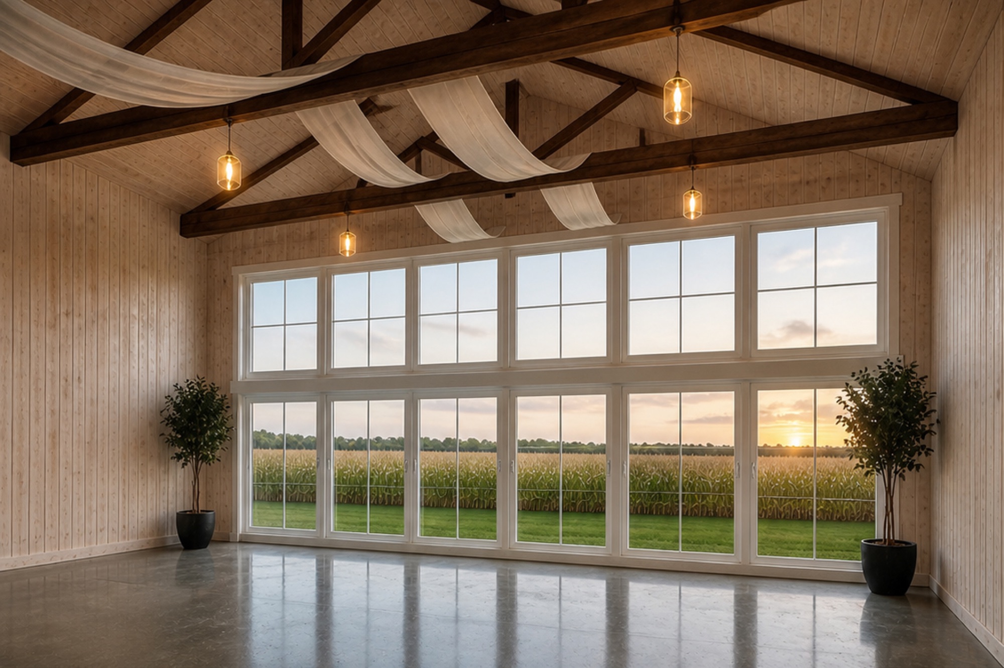 Rendering of the panoramic windows inside the 2027 white barn at Abram Farms, overlooking the fields