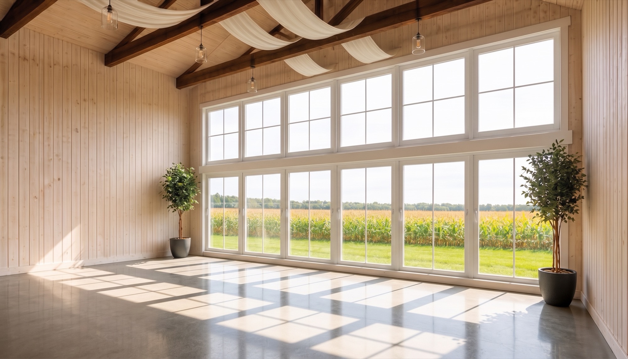 Rendering of the panoramic windows inside the 2027 white barn at Abram Farms at midday